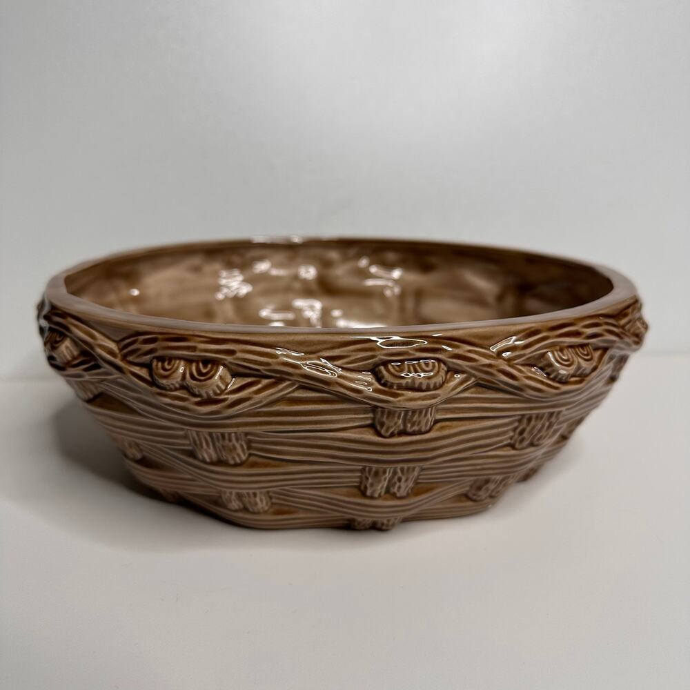 VTG Handmade Ceramic Basket Style Bowl Woven Look Glazed Brown Pottery 1978